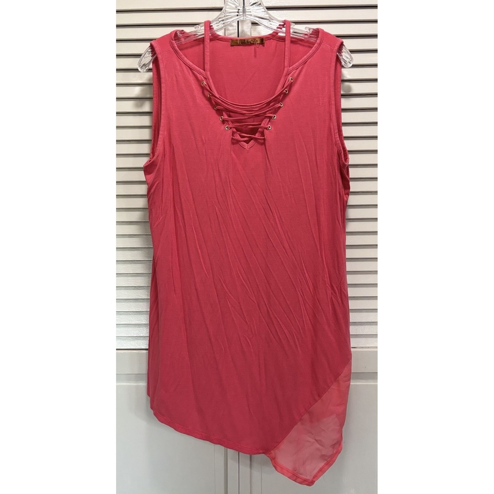 Belladini‎ Salmon Pink Straps Lace up V Neck Blouse Size 1X Flowy Soft Chiffon